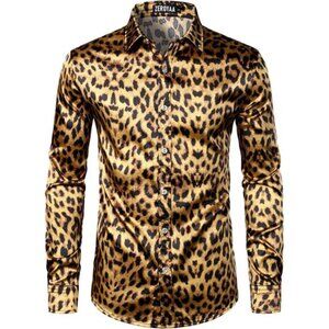 Men's Hipster Fitted Silk Like Satin Dress Shirt Long Sleeve Button Down Printed